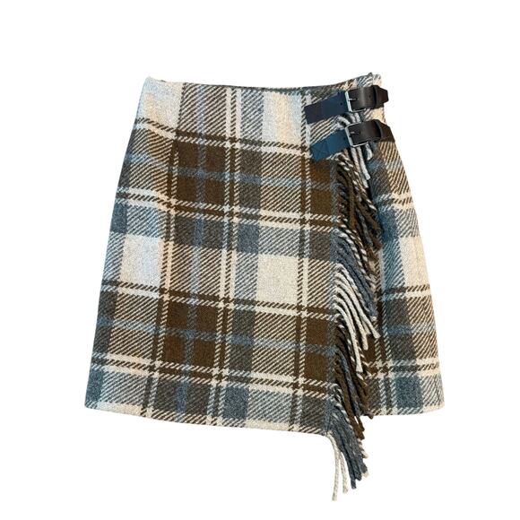 Weekend Max Mara 100% Wool Tartan Plaid Buckle Fringe Wrap Mini Skirt Tan Size 0 - Picture 1 of 10